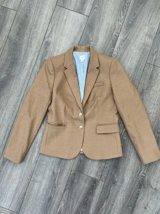 J. Crew Tan Wool-Blend Tailored Blazer with Gold Buttons Blue Striped Lining 6 - Picture 2 of 9
